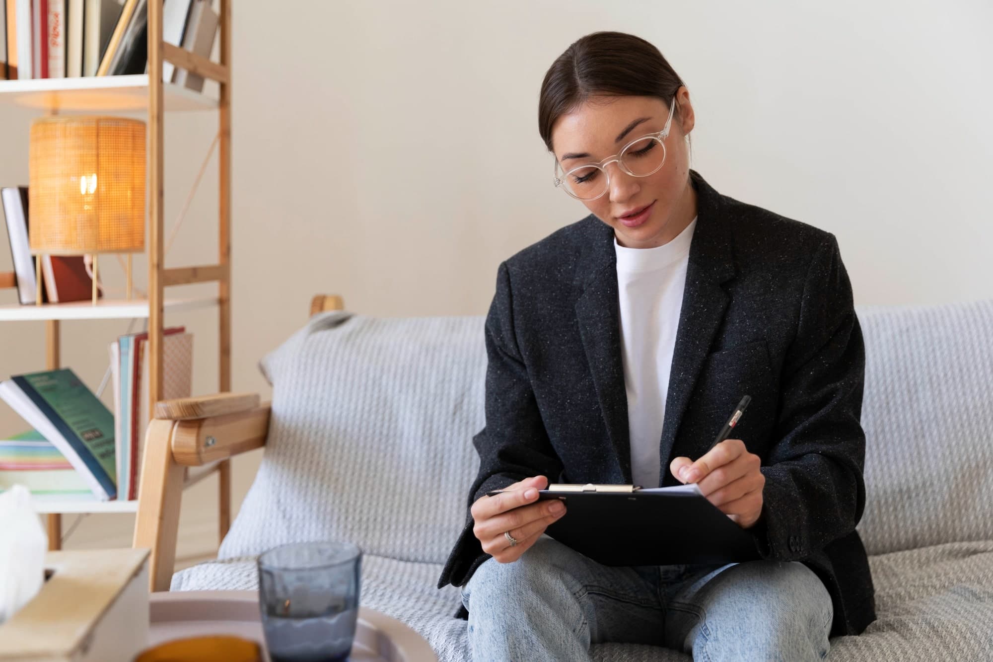 A psychologist in Singapore taking notes during a session.