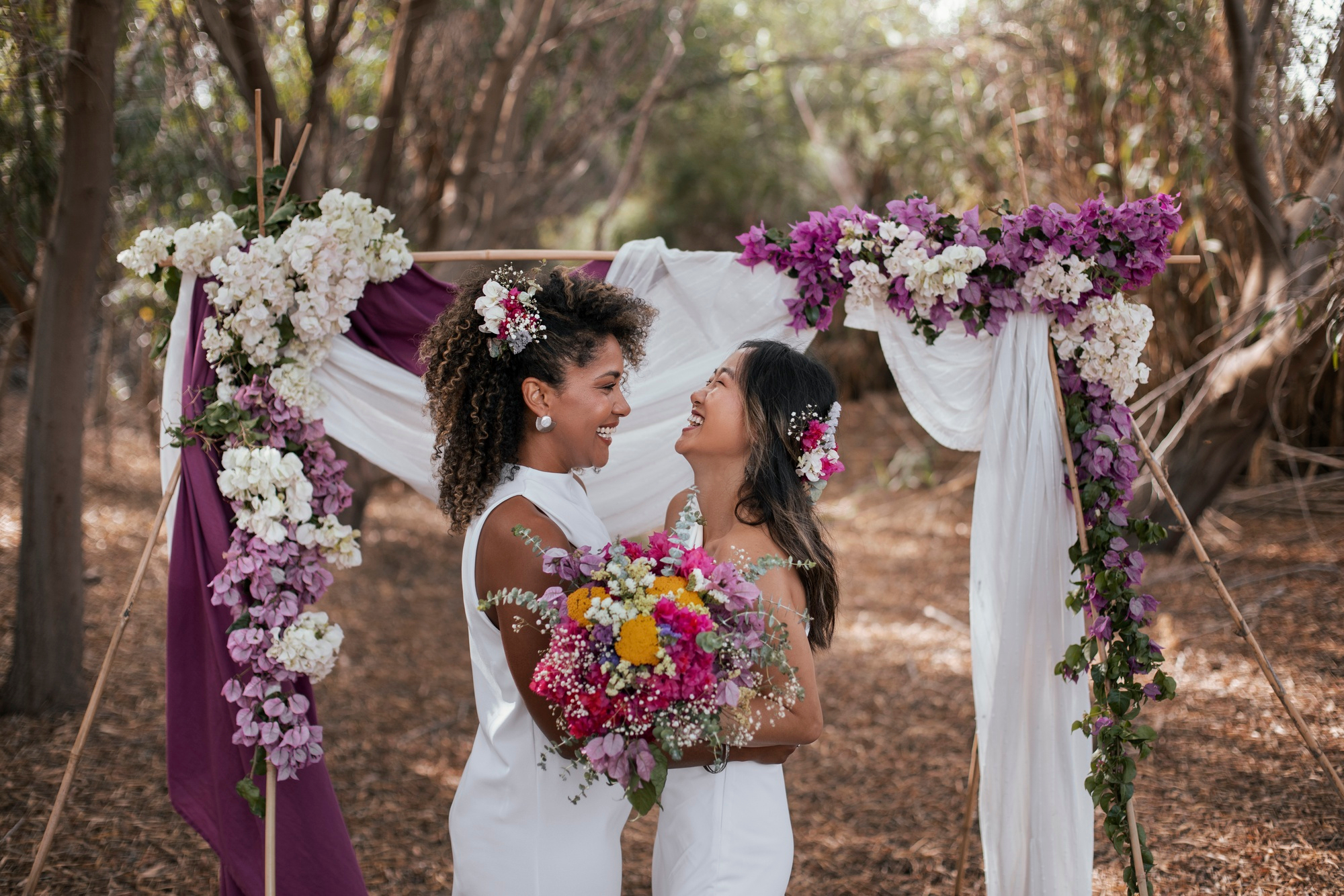 A couple on their wedding day; Planning to engage in marriage counselling to navigate a big move.